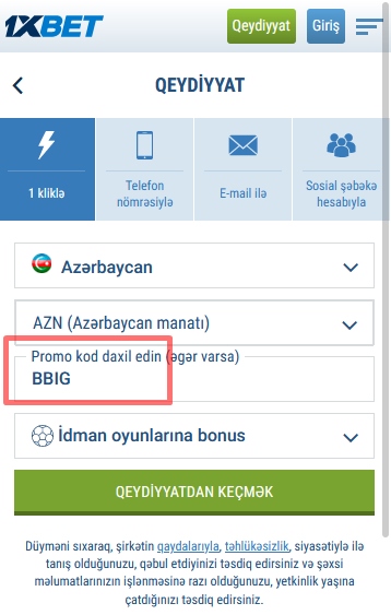 1xbet qeydiyyat forması