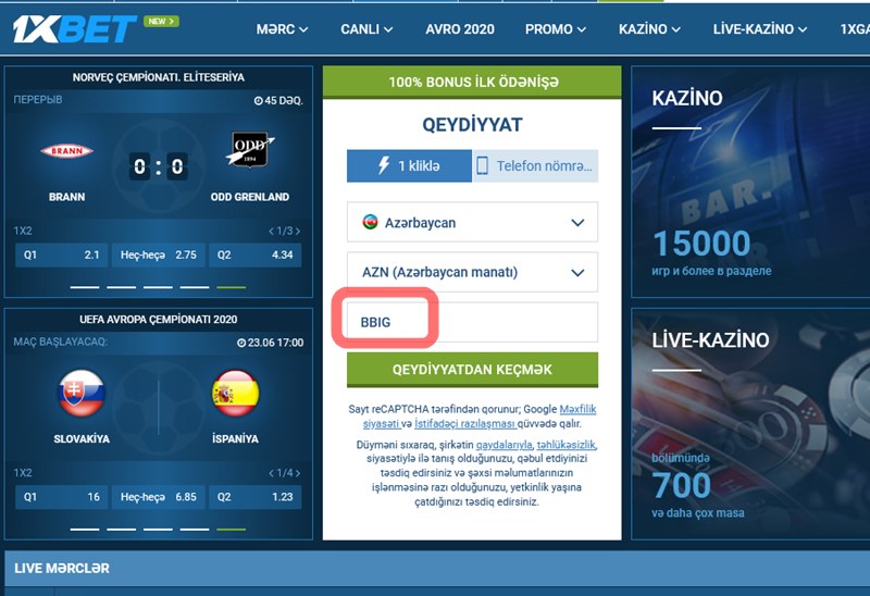 1xbet qeydiyyat forması