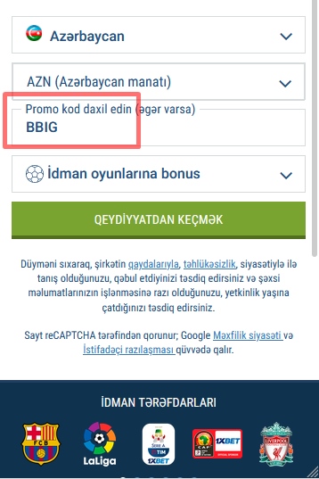 1xbet qeydiyyat forması