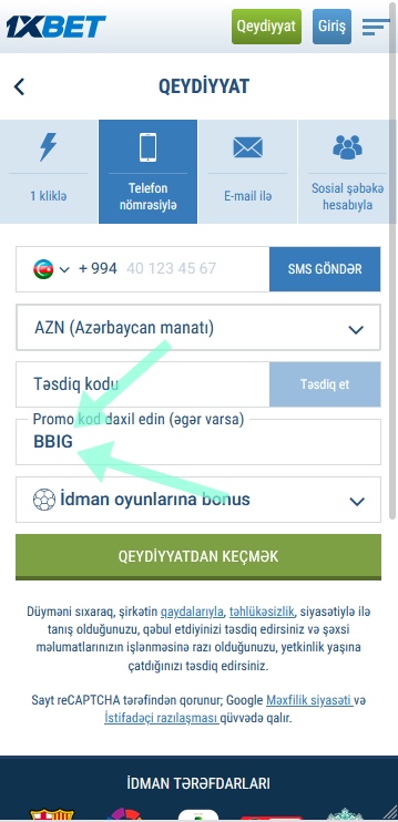 1xbet qeydiyyat forması