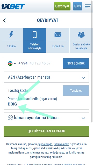 1xbet qeydiyyat forması