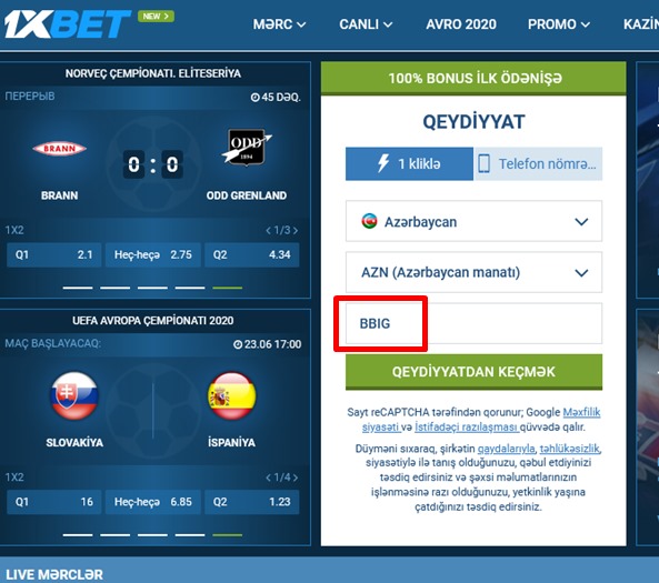 1xbet qeydiyyat forması