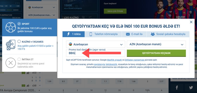 1xbet qeydiyyat forması