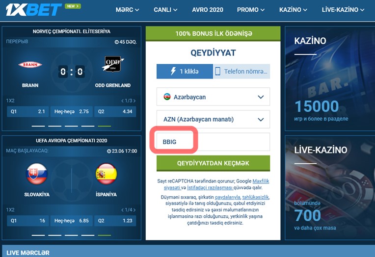 1xbet qeydiyyat forması