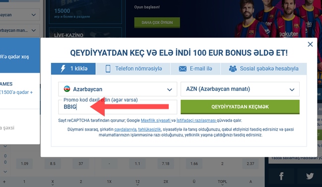 1xbet qeydiyyat forması