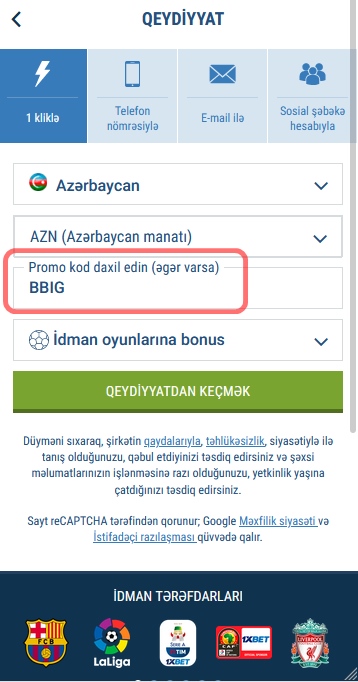 1xbet qeydiyyat forması