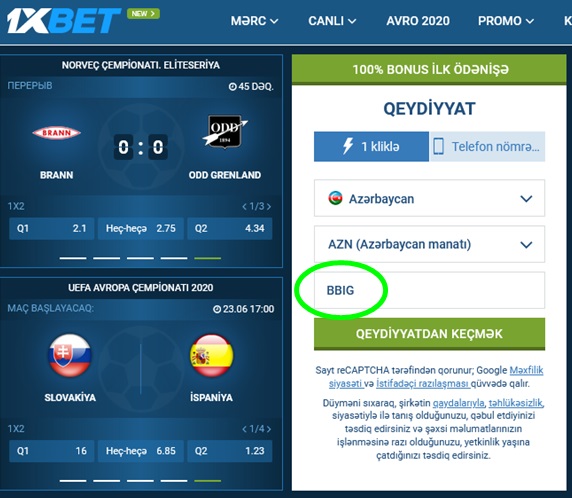 1xbet qeydiyyat forması