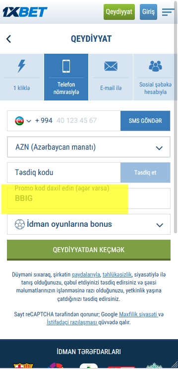 1xbet qeydiyyat forması