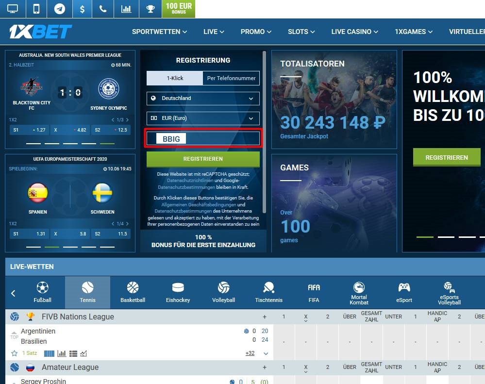 Anmeldeformular für 1xbet