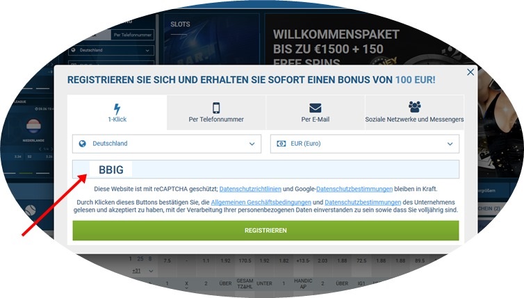 Anmeldeformular für 1xbet