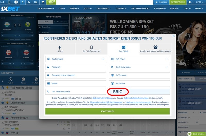 Anmeldeformular für 1xbet