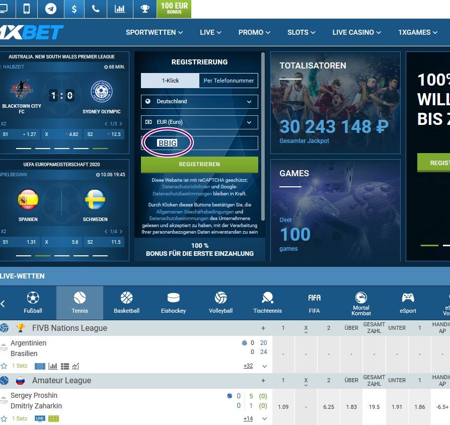 Anmeldeformular für 1xbet