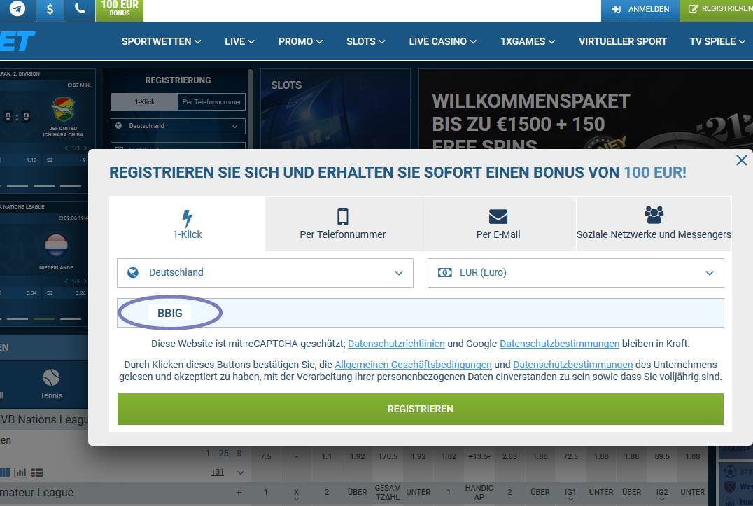 Anmeldeformular für 1xbet