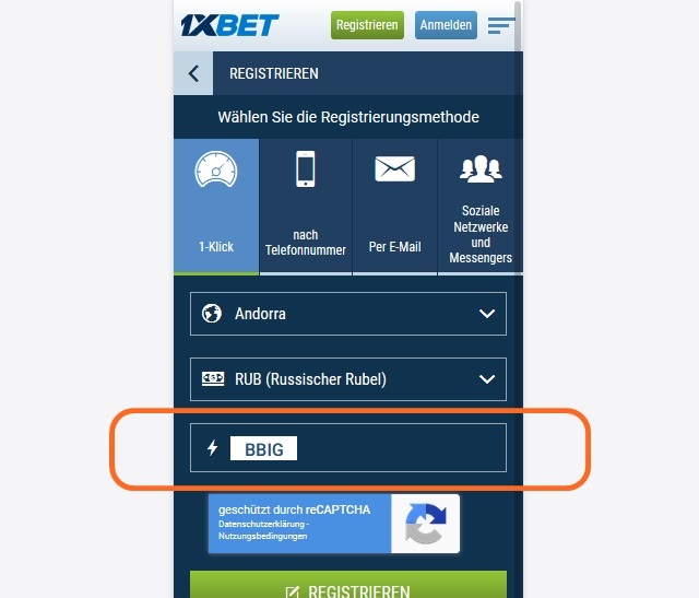 Anmeldeformular für 1xbet