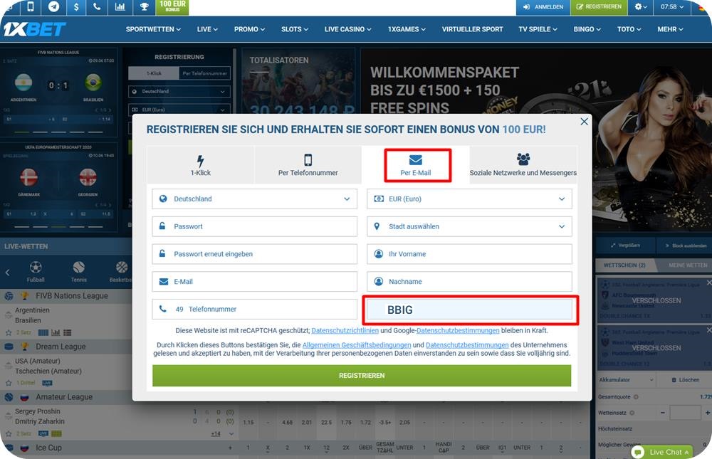 Anmeldeformular für 1xbet