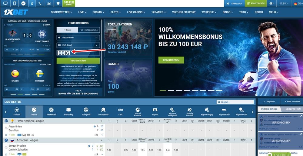 Anmeldeformular für 1xbet