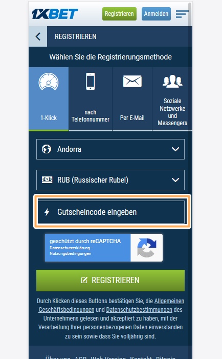 Anmeldeformular für 1xbet