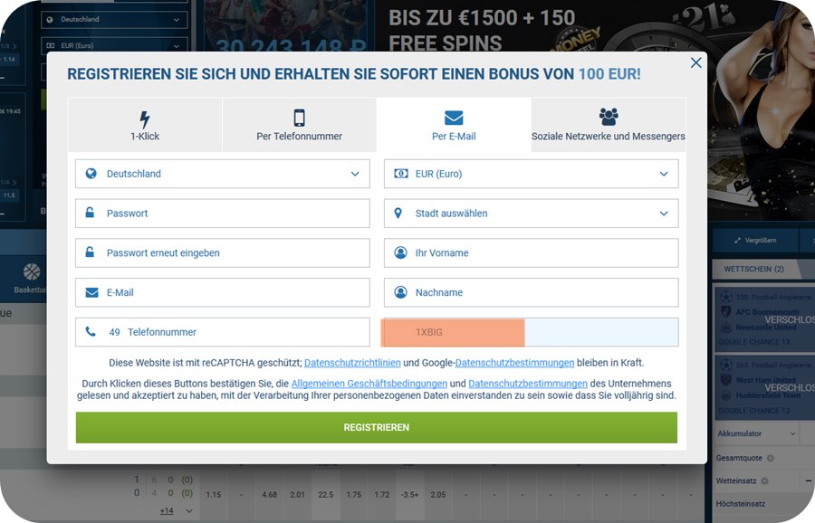 Anmeldeformular für 1xbet