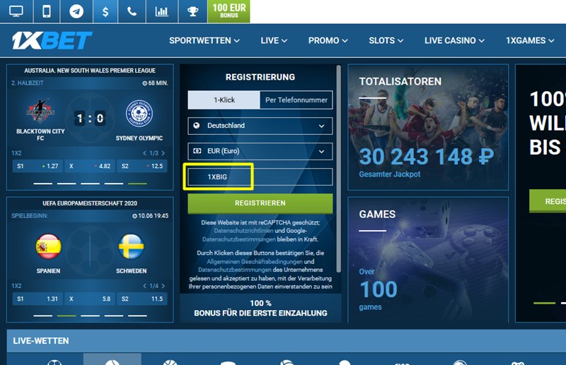 Anmeldeformular für 1xbet