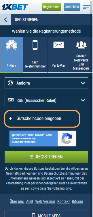 Anmeldeformular für 1xbet