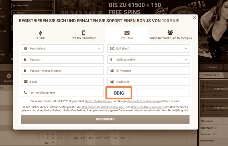 Anmeldeformular für 1xbet