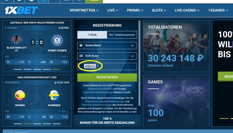 Anmeldeformular für 1xbet