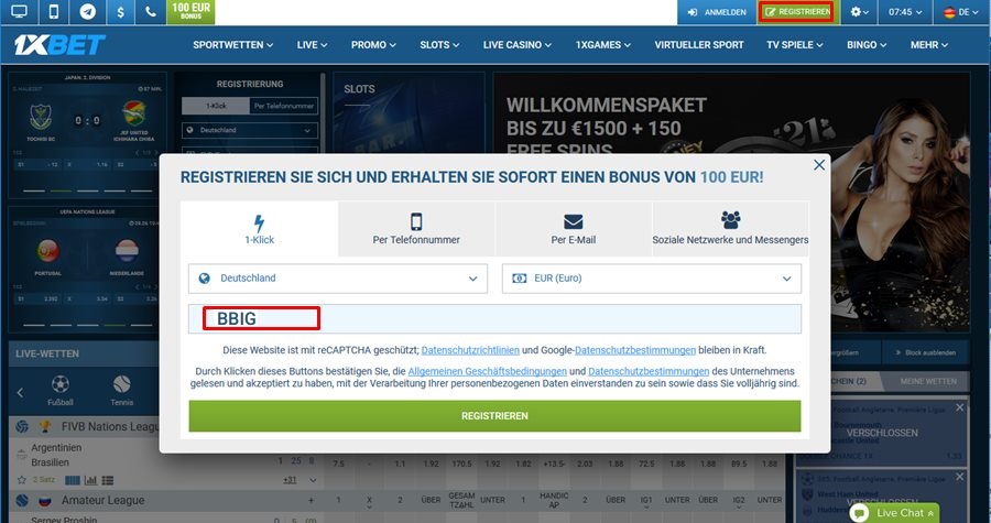 Anmeldeformular für 1xbet