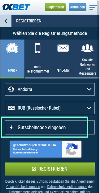 Anmeldeformular für 1xbet