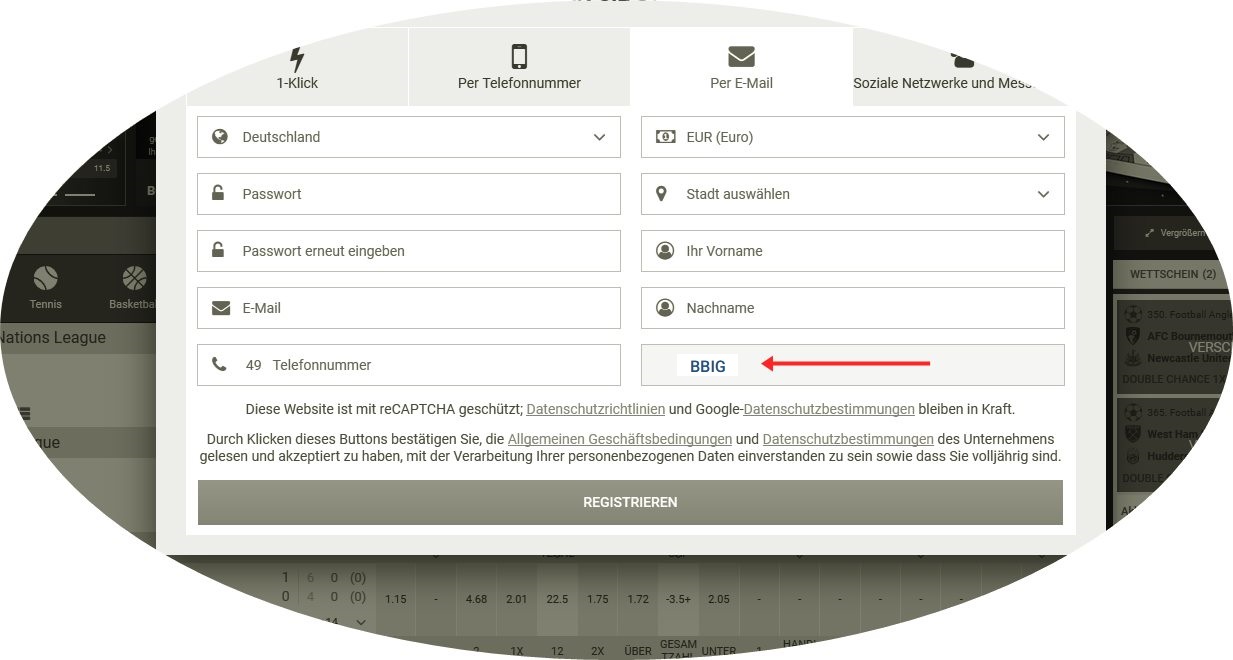 Anmeldeformular für 1xbet
