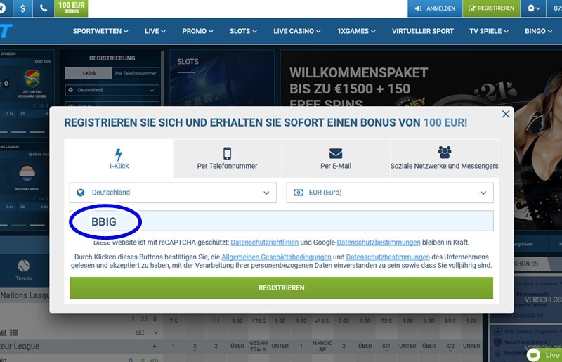 Anmeldeformular für 1xbet