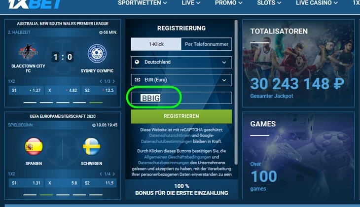 Anmeldeformular für 1xbet
