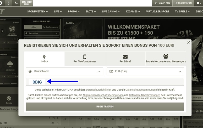 Anmeldeformular für 1xbet