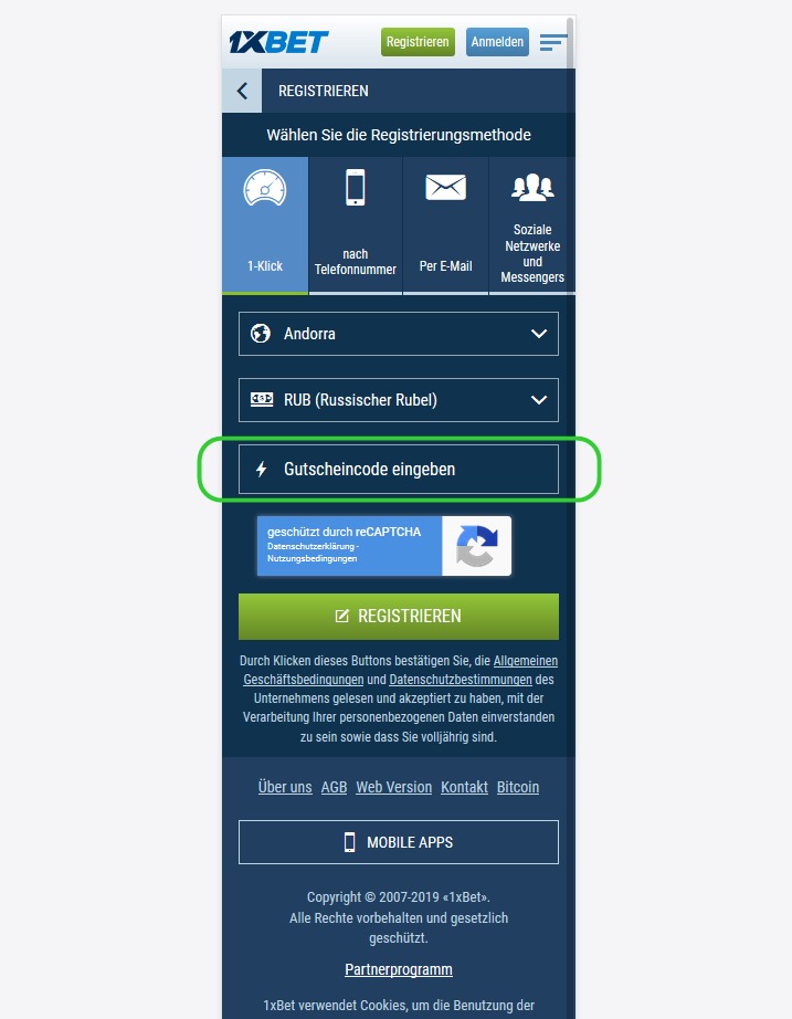 Anmeldeformular für 1xbet