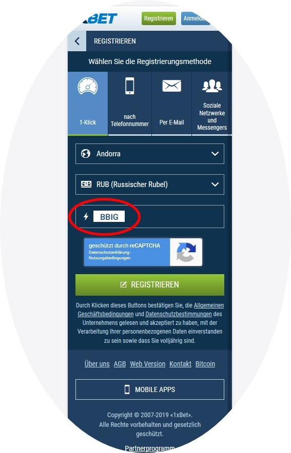 Anmeldeformular für 1xbet