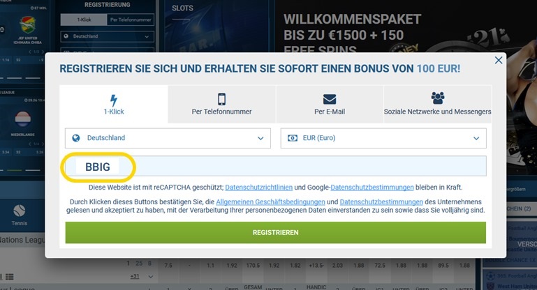 Anmeldeformular für 1xbet