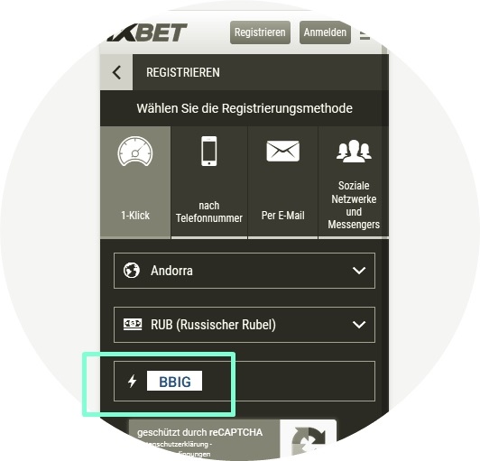 Anmeldeformular für 1xbet