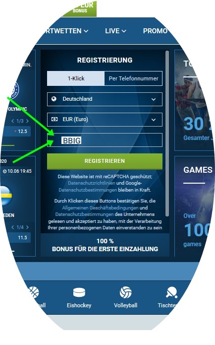 Anmeldeformular für 1xbet