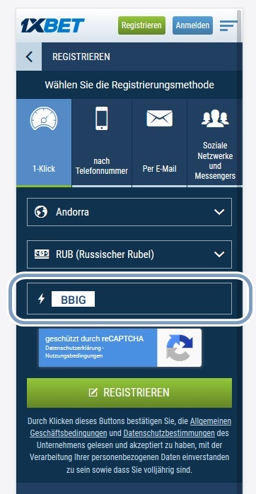 Anmeldeformular für 1xbet