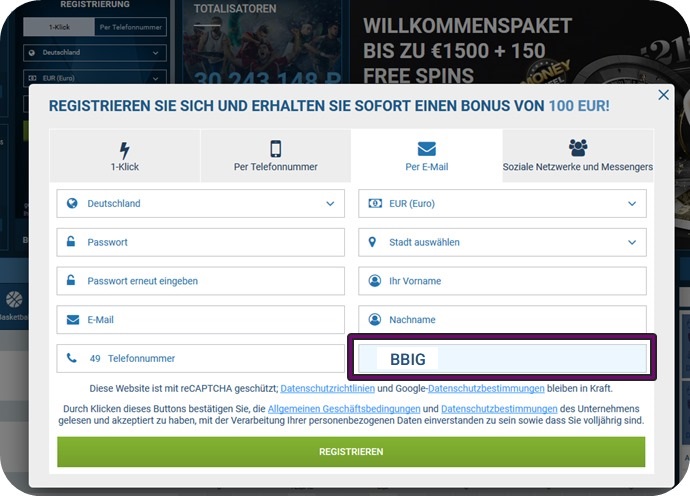 Anmeldeformular für 1xbet