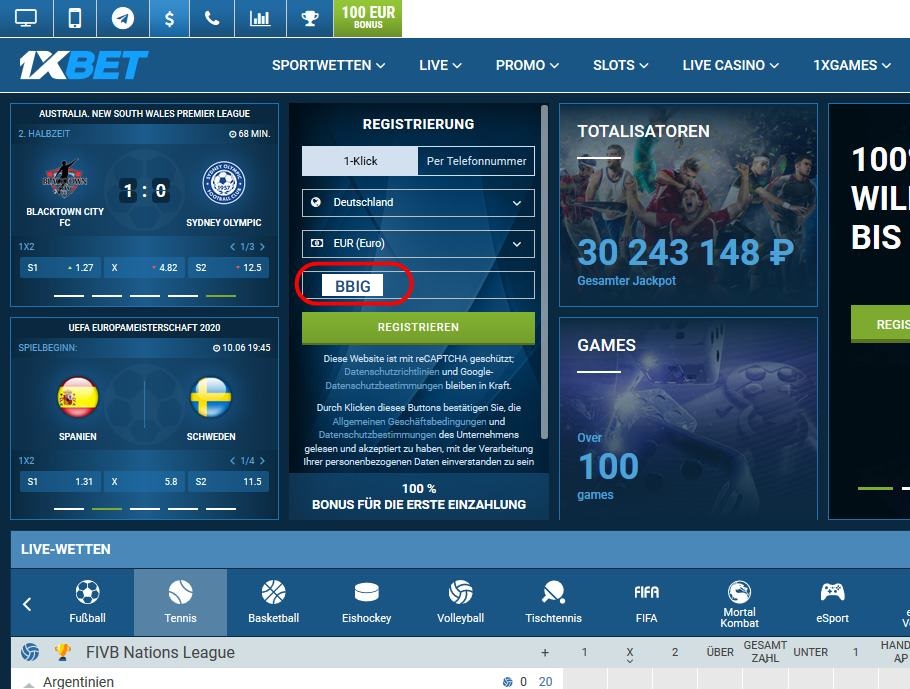 Anmeldeformular für 1xbet