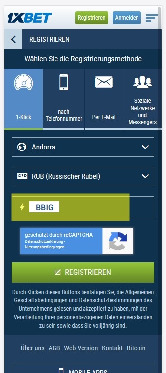 Anmeldeformular für 1xbet