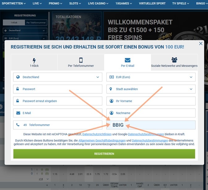 Anmeldeformular für 1xbet