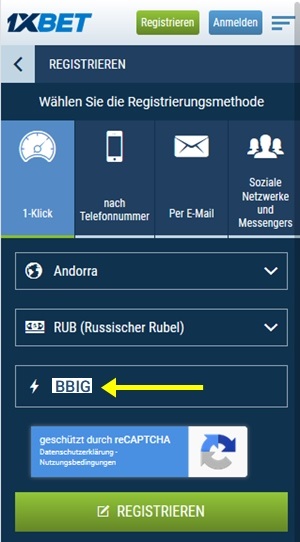 Anmeldeformular für 1xbet