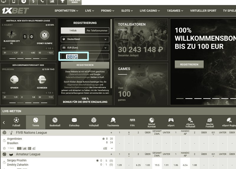 Anmeldeformular für 1xbet