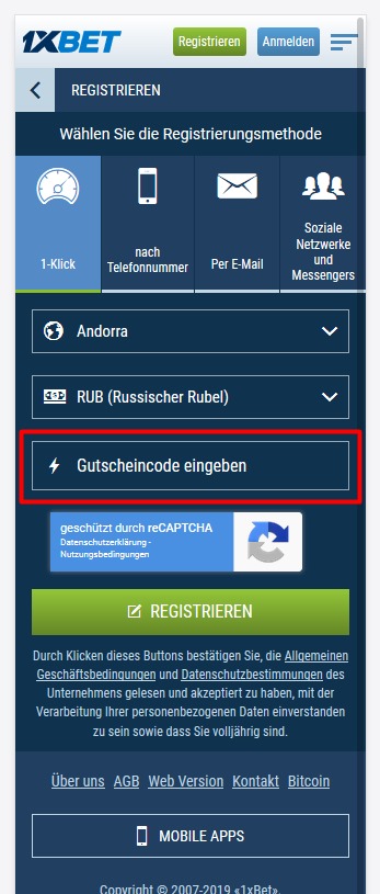 Anmeldeformular für 1xbet