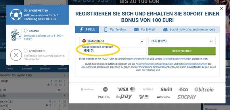 Anmeldeformular für 1xbet