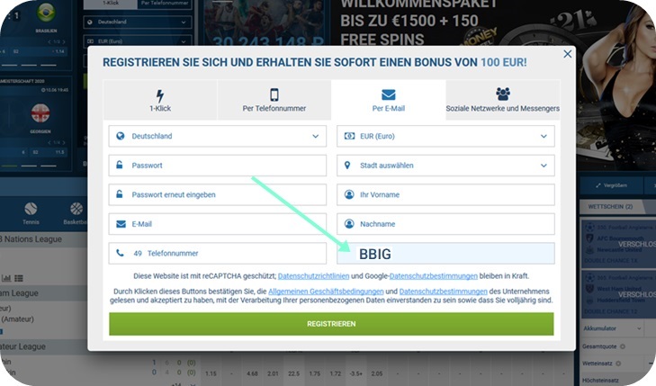 Anmeldeformular für 1xbet