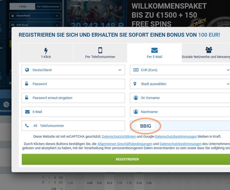 Anmeldeformular für 1xbet