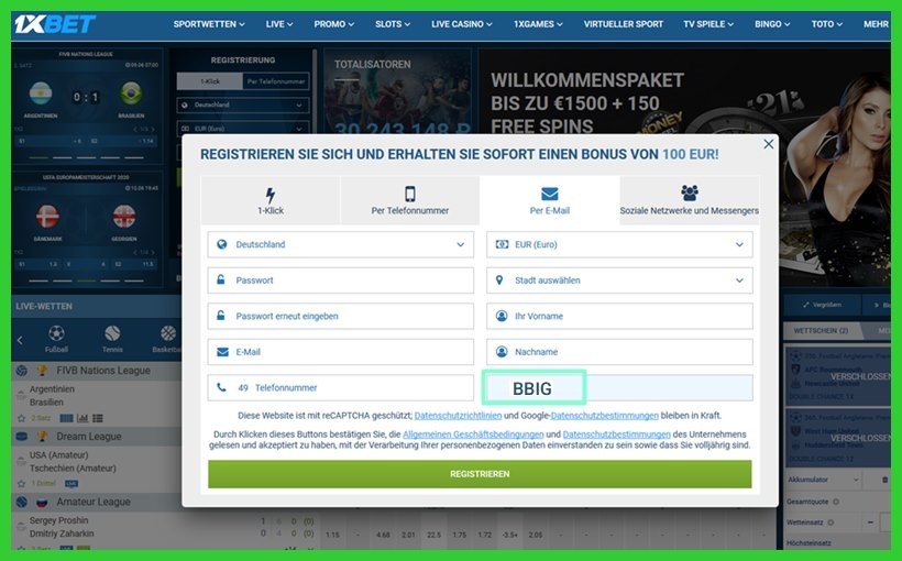 Anmeldeformular für 1xbet