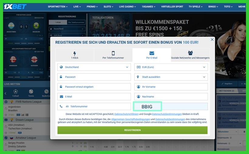 Anmeldeformular für 1xbet